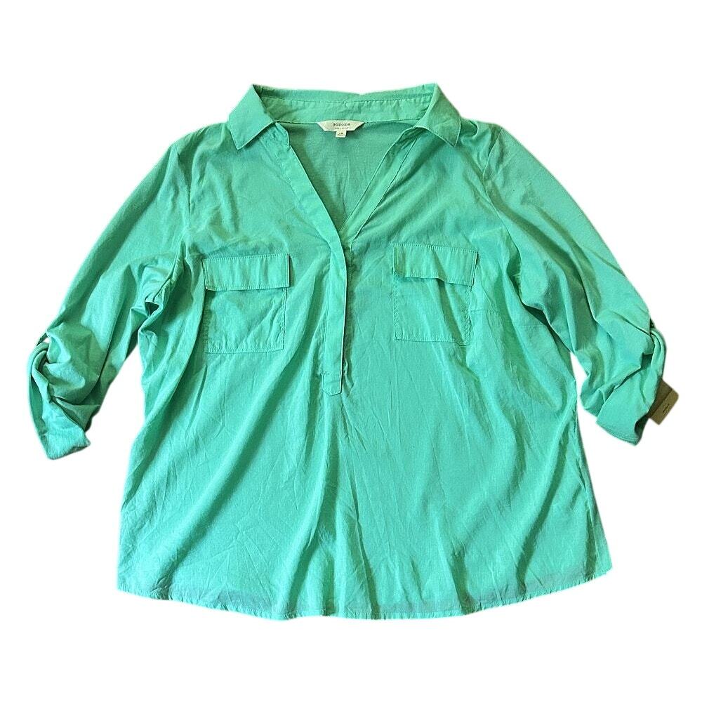 NWT Sonoma V-Neck Roll-Tab Sleeve Mint Green Half-Snap Button Top XL